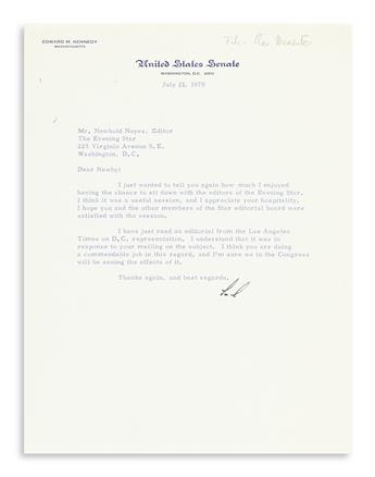 KENNEDY, EDWARD M. Three letters Signed, Edward Kennedy or Ted or Ted Kennedy, to Washington Evening Star editor Newbold Noyes Jr